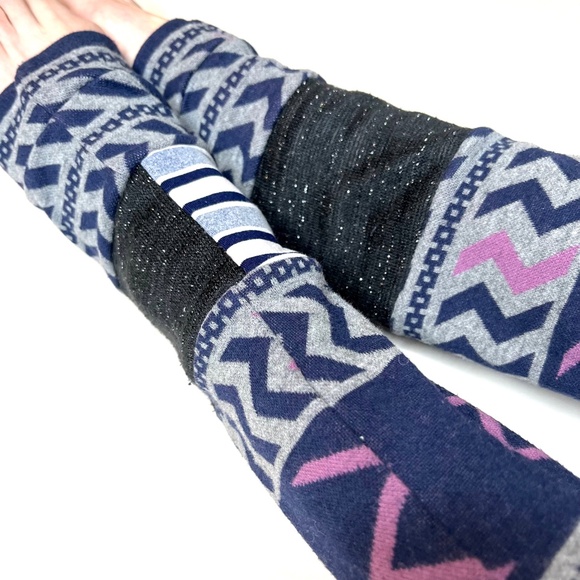 Patchwork Striped Leg Warmers Purple Sweater Knee Socks Gray Knit Thigh Highs OS - Picture 6 of 10